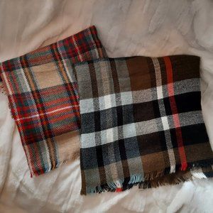 Women's Oversized Tartan Plaid Blanket Scarf Large Checked Wrap Shawl - Lot of 2
